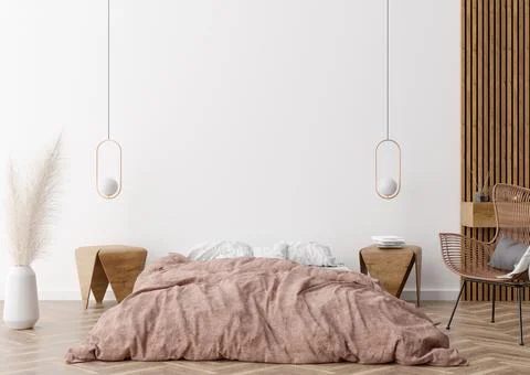 Empty white wall in modern and cozy bedroom. Mock up interior in contemporary Stock Photos