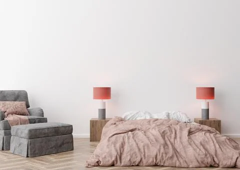 Empty white wall in modern and cozy bedroom. Mock up interior in minimalist,  Stock Photos