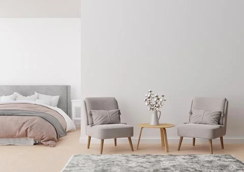 Empty white wall in modern and cozy bedroom. Mock up interior in minimalist,  Stock Photos