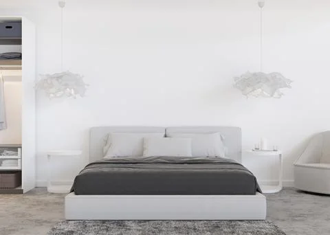 Empty white wall in modern and cozy bedroom. Mock up interior in contemporary Stock Photos