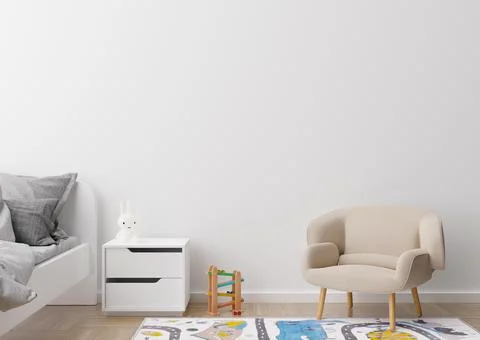 Empty white wall in modern child room. Mock up interior in contemporary style Stock Photos