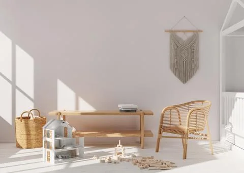 Empty white wall in modern child room. Mock up interior in scandinavian, boho Stock Photos