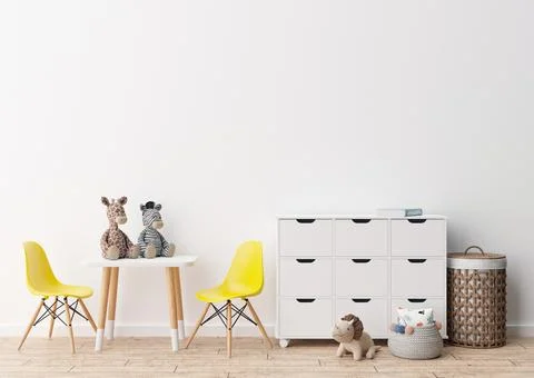 Empty white wall in modern child room. Mock up interior in contemporary style Stock Photos