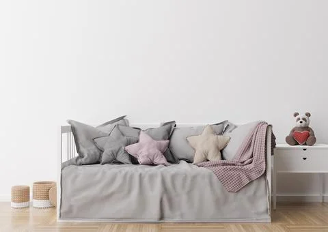 Empty white wall in modern child room. Mock up interior in scandinavian style Stock Photos