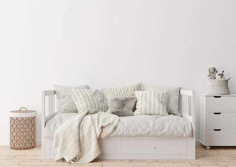 Empty white wall in modern child room. Mock up interior in scandinavian style Stock Photos