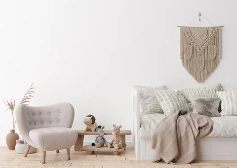 Empty white wall in modern child room. Mock up interior in scandinavian, boho Stock Photos