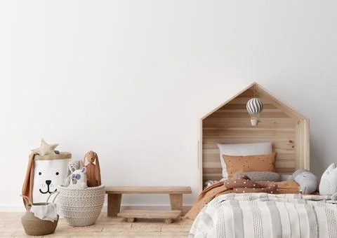 Empty white wall in modern child room. Mock up interior in scandinavian style Stock Photos