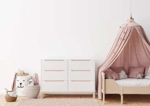 Empty white wall in modern child room. Mock up interior in scandinavian style Stock Photos