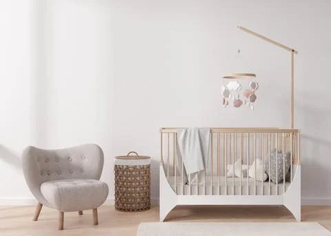 Empty white wall in modern child room. Mock up interior in scandinavian style Stock Photos
