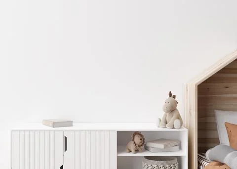 Empty white wall in modern child room. Mock up interior in scandinavian style Stock Photos