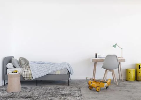 Empty white wall in modern child room. Mock up interior in contemporary, scan Stock Photos