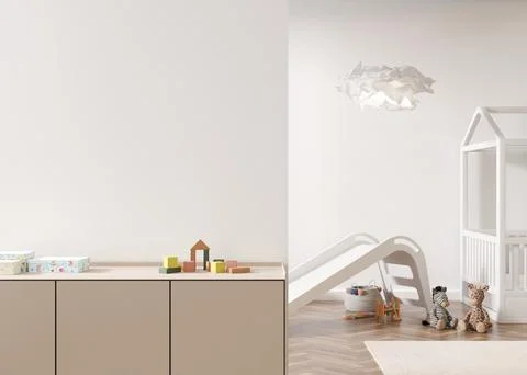 Empty white wall in modern child room. Mock up interior in contemporary, scan Stock Photos
