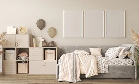 Empty white wall in modern children room with bed and toys. Mock up interior in Illustrazione stock