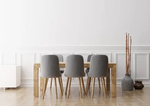 Empty white wall in modern dining room. Mock up interior in classic style. Fr Stock Photos