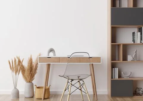 Empty white wall in modern home office. Mock up interior in scandinavian, boh Stock Photos