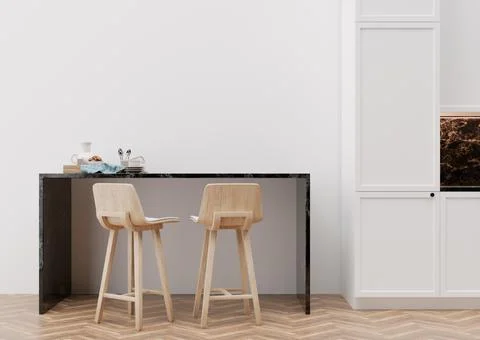 Empty white wall in modern kitchen. Mock up interior in minimalist, contempor Stock Photos