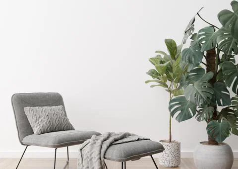 Empty white wall in modern living room. Mock up interior in contemporary, sca Stock Photos