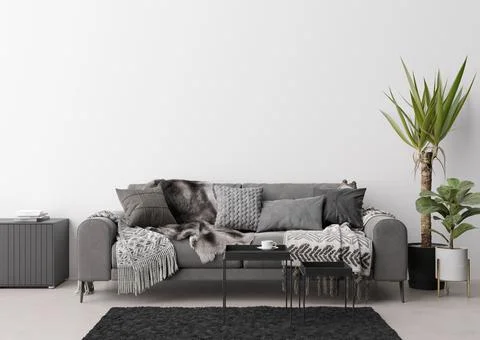 Empty white wall in modern living room. Mock up interior in contemporary, sca Stock Photos