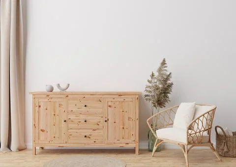 Empty white wall in modern living room. Mock up interior in scandinavian, boh Stock Photos