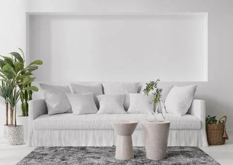 Empty white wall in modern living room. Mock up interior in minimalist, scand Stock Photos