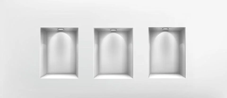 Empty white wall niches with led spotlights Stock Illustration