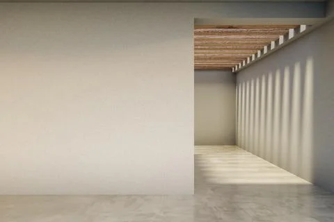 Empty white wall over loft floor corridor hallway and sunlight shining thro.. Ilustração Stock