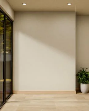 Empty white wall over wooden parquet floor with sunlight through glass door.. Ilustração Stock