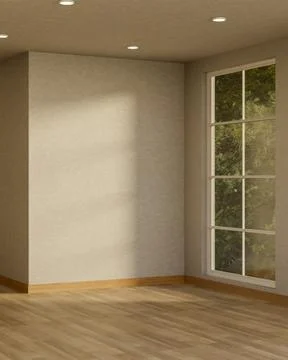 Empty white wall over wooden parquet floor with sunlight through garden vie.. 库存插图