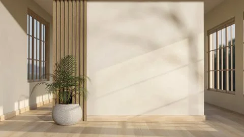Empty white wall with a potted plant in the middle of a wooden parquet floo.. Stock Illustration