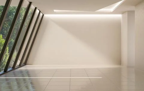 Empty white wall room and ceiling lights with sunlight through sloped glass.. Stock Illustration
