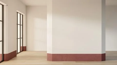 Empty white wall room and pillar with brown strip over wooden parquet floor.. Stock Illustration