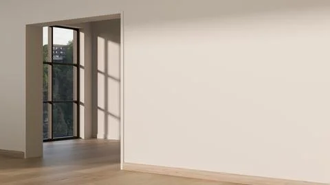Empty white wall room with sunlight shining on wooden parquet floor and sce.. Stock Illustration