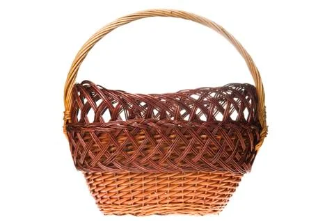 Empty Wicker Basket Isolated on White Background. Stock-Fotos