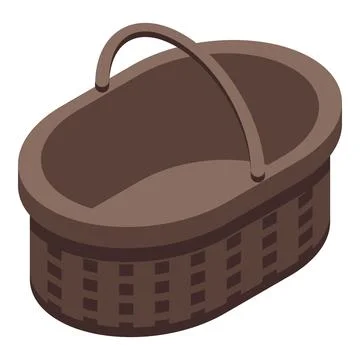 Empty wicker basket standing with raised handle isometric icon Illustration