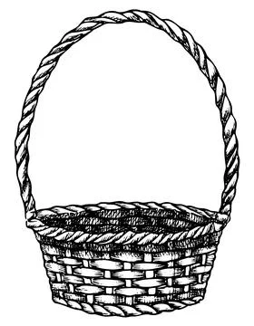 Empty wicker picnic Basket. Hand drawn vector illustration of handmade wooden Stock Illustration