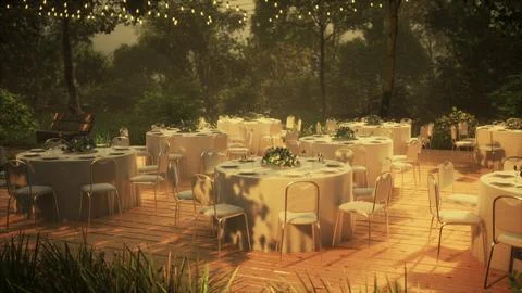 Empty wicker table and chair in outdoor restaurant forest garden Stock Illustration