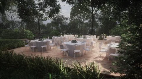 Empty wicker table and chair in outdoor restaurant forest garden Stock Illustration