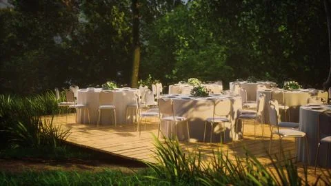 Empty wicker table and chair in outdoor restaurant forest garden Stock Illustration
