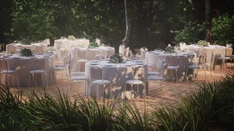 Empty wicker table and chair in outdoor restaurant forest garden Stock Illustration