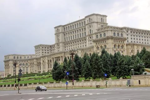 Empty wide boulevard in front of the Palace of the Parliament in Bucharest Stock Photos