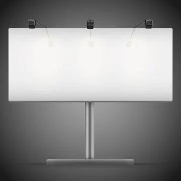 Empty wide mockup billboard with spotlights and illuminated at night. Vector Stock Illustration