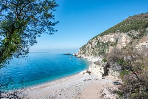 Empty wild beach, view from the top Montenegro Budva. Stock Photos