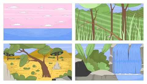 Empty wildlife environments flat illustration backgrounds set Stock Illustration