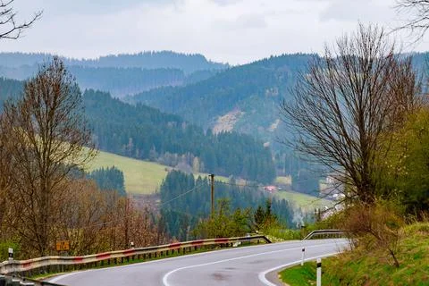 Empty winding road through forests in mountains. Stock Photos