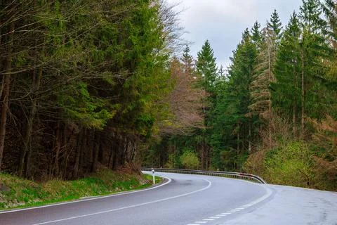 Empty winding road through forests in mountains. Stock Photos