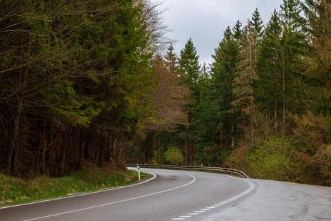 Empty winding road through forests in mountains. Stock Photos