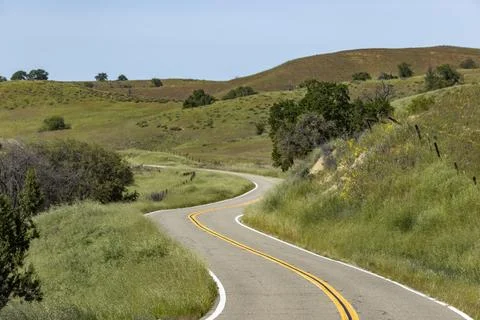Empty winding road through hills Stock Photos