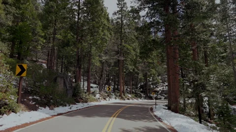 Empty winding road through snowy forest in Yosemite National Park Stock-Footage 347989016