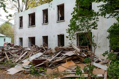 Empty Windows of the building under demolition Stock Photos