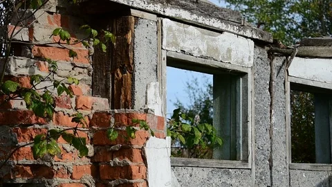 Empty windows of a ruined building, close-up Stock Footage 117111486